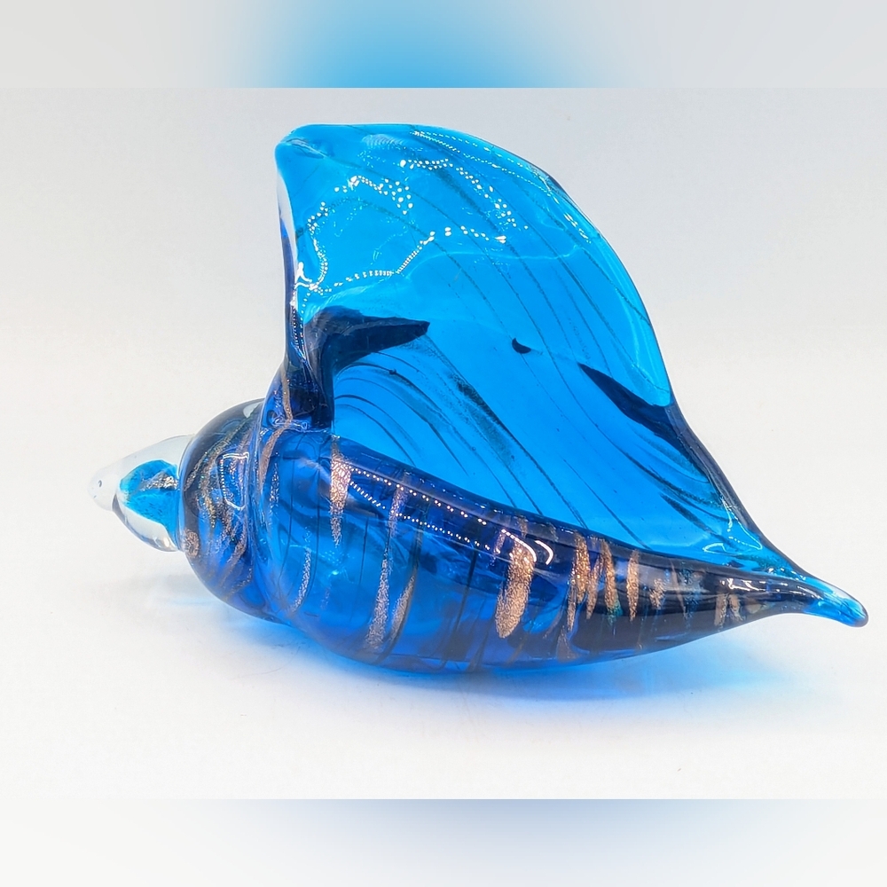8" Glass Shell Figurine, - Blue & Gold Accents, Hand Blown Nautical